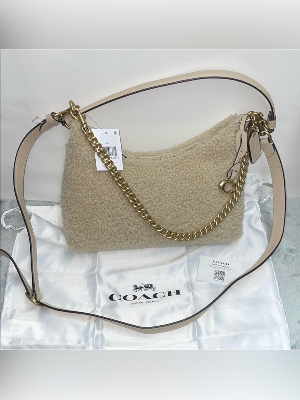 Coach Shearling Shoulder Bag in Cream with Gold Chain